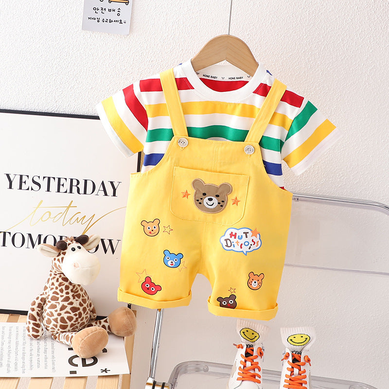 Boys' Summer Casual Suspender Trousers Short Sleeve Suit    (Available)