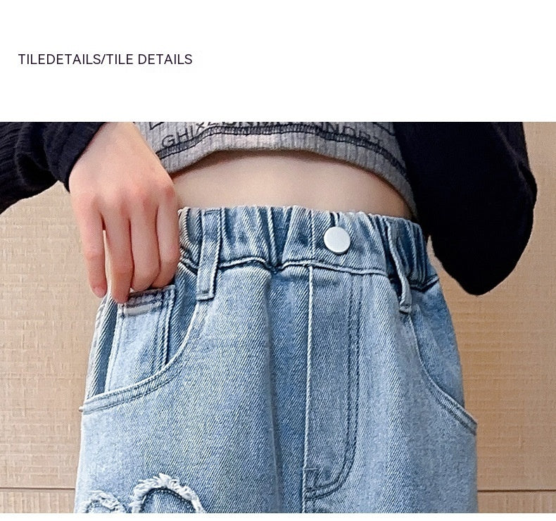 Girls' Love Raw Edge Denim Wide-leg Pants (Available)