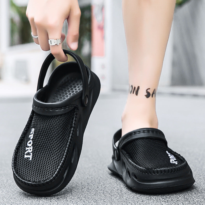 Mesh Sandals Half Pack Casual Bird's Nest Hole Shoes Men's Beach Lazy Half Slippers Plus Size (Available)