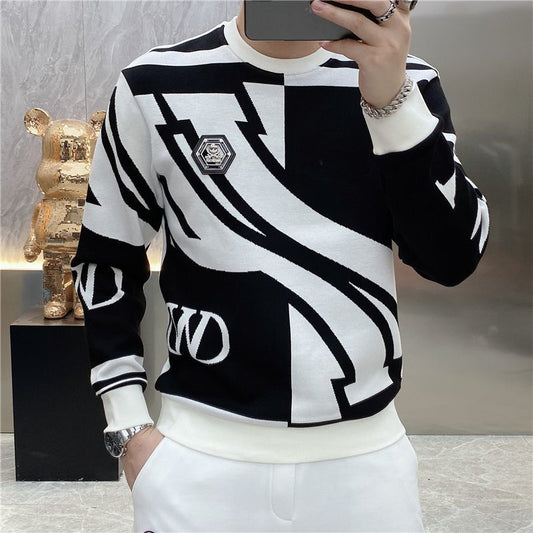 Contrast Color Round Neck Black And White Sweater For Men