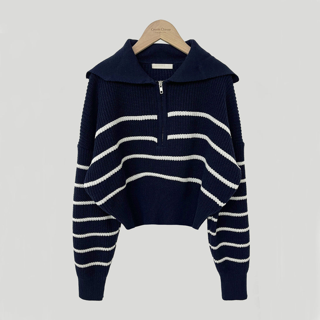 Lapel Half Long-sleeve Zipper Striped Knitted Sweater