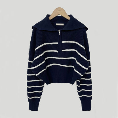 Lapel Half Long-sleeve Zipper Striped Knitted Sweater
