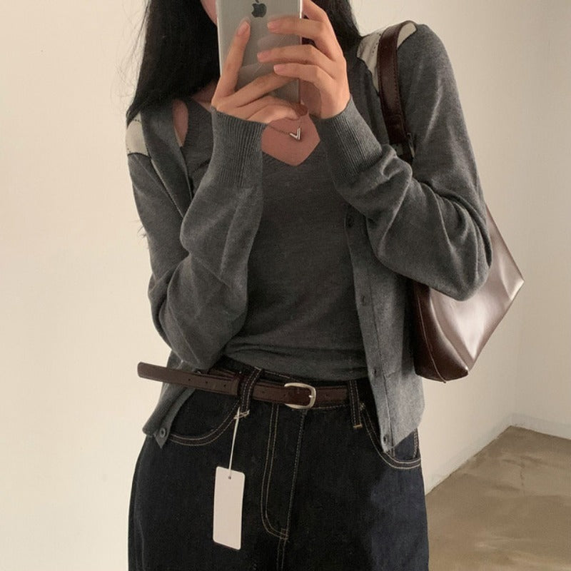 Retro Diamond V-neck Long-sleeve Knitwear Vest Suit