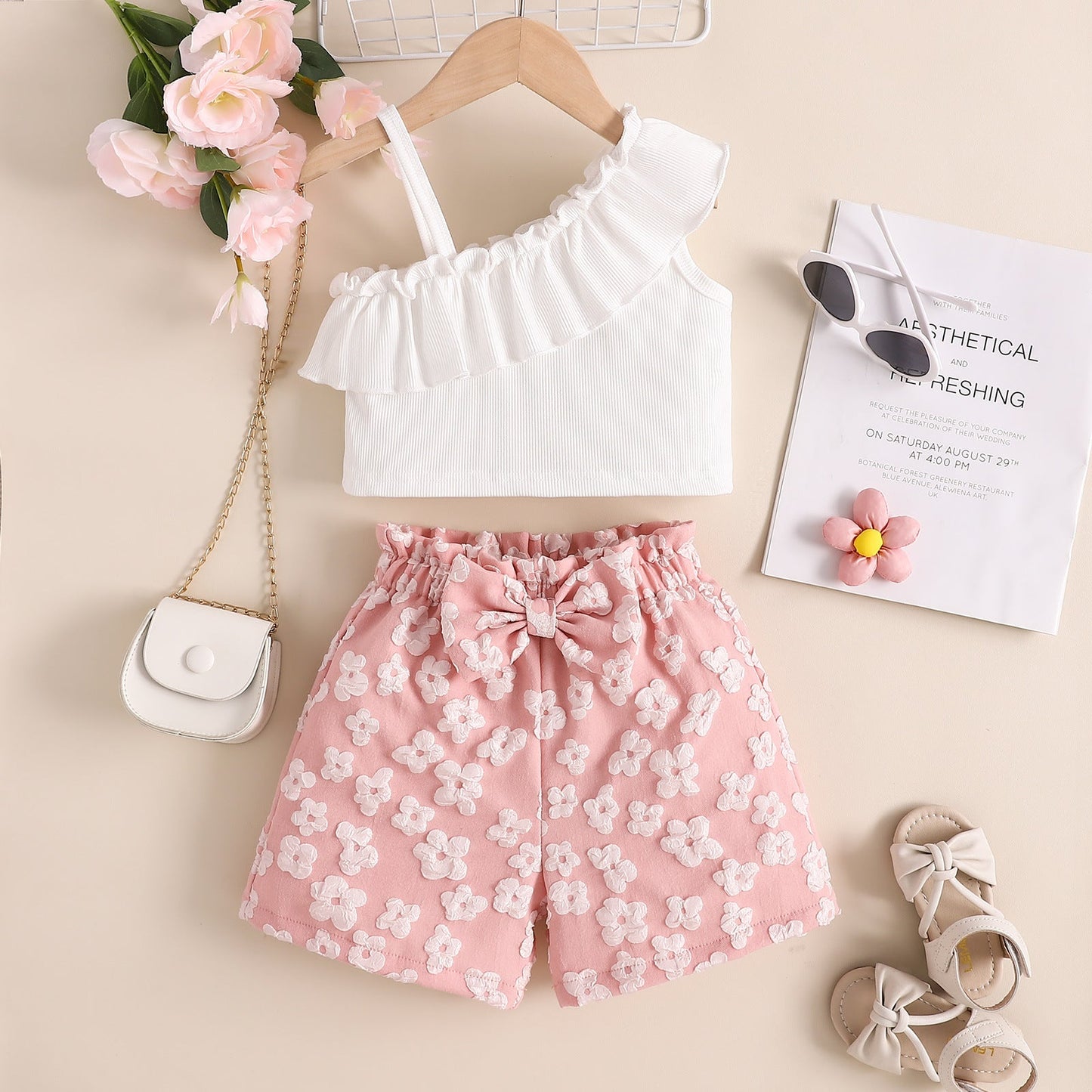 Women's Summer Oblique Shoulder Tops Flower Shorts Suit