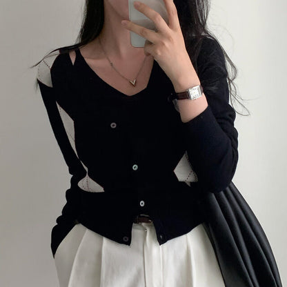 Retro Diamond V-neck Long-sleeve Knitwear Vest Suit