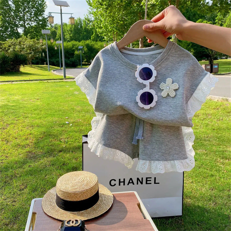 Girls' Cotton Summer Short Sleeve Shorts Suit (Available)