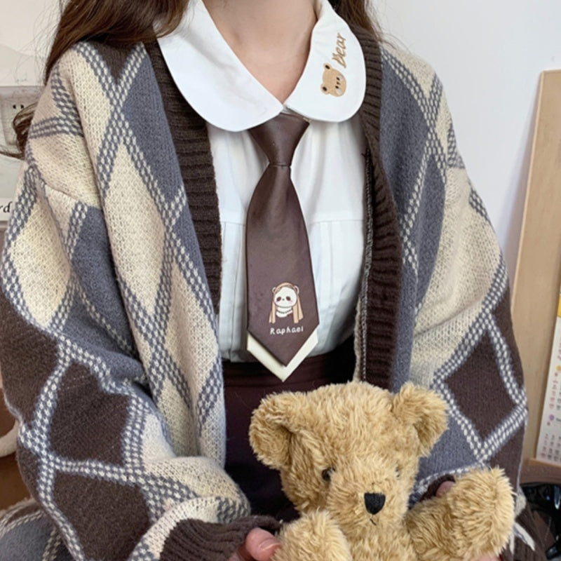 Diamond Lattice V-neck Knitted Cardigan Sweater Coat For Women Autumn And Winter