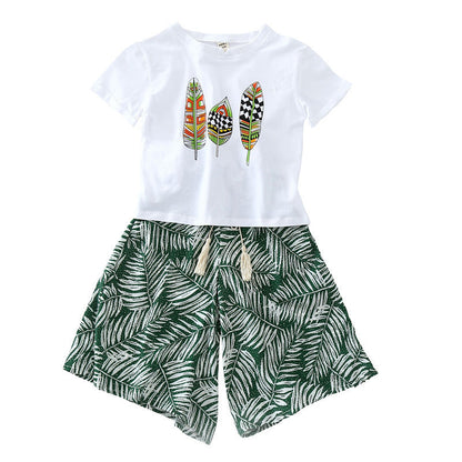 Korean Style Leaf Printed Wide-leg Pants Two-piece Set