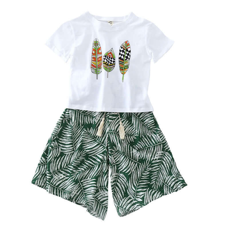 Girls Korean Pants Set Bangladesh Leaf Print - Small China Town