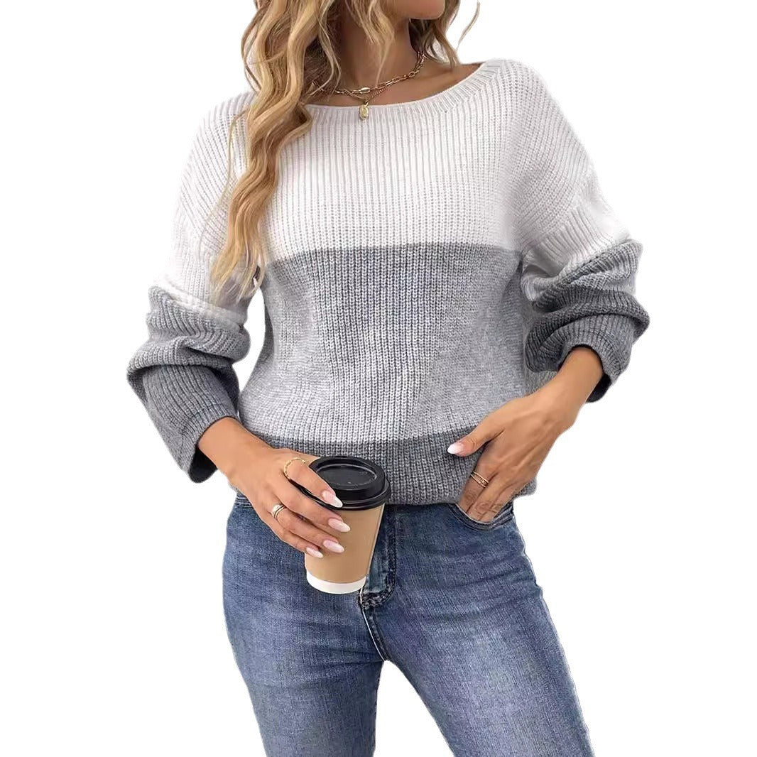 Contrast Gray White Splicing Pullover Sweater Long Sleeve