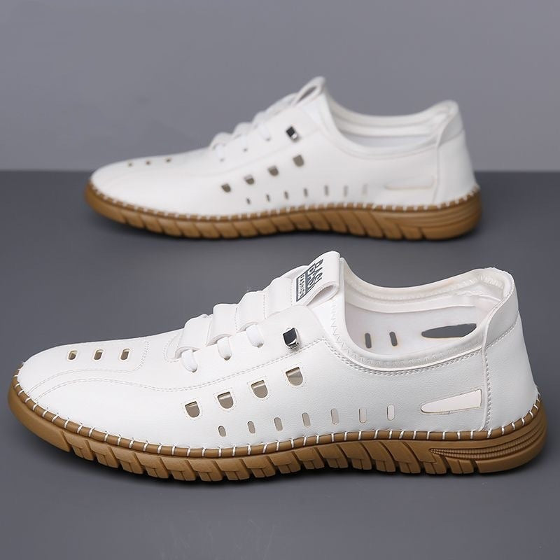 Hollow Breathable White Shoes Hole Shoes Soft Bottom Men Slip-on Leather Sandals