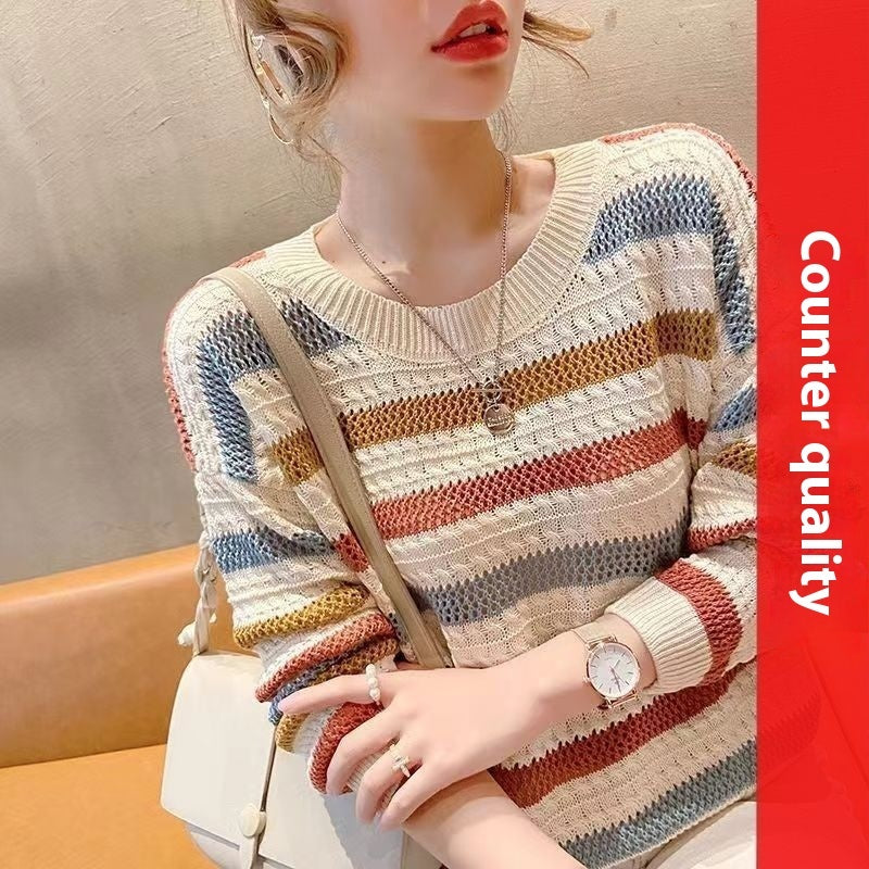 Loose Short Hollow Color Striped Sweater