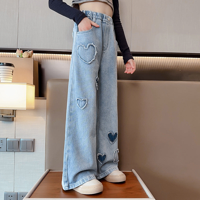 Girls' Love Raw Edge Denim Wide-leg Pants (Available)