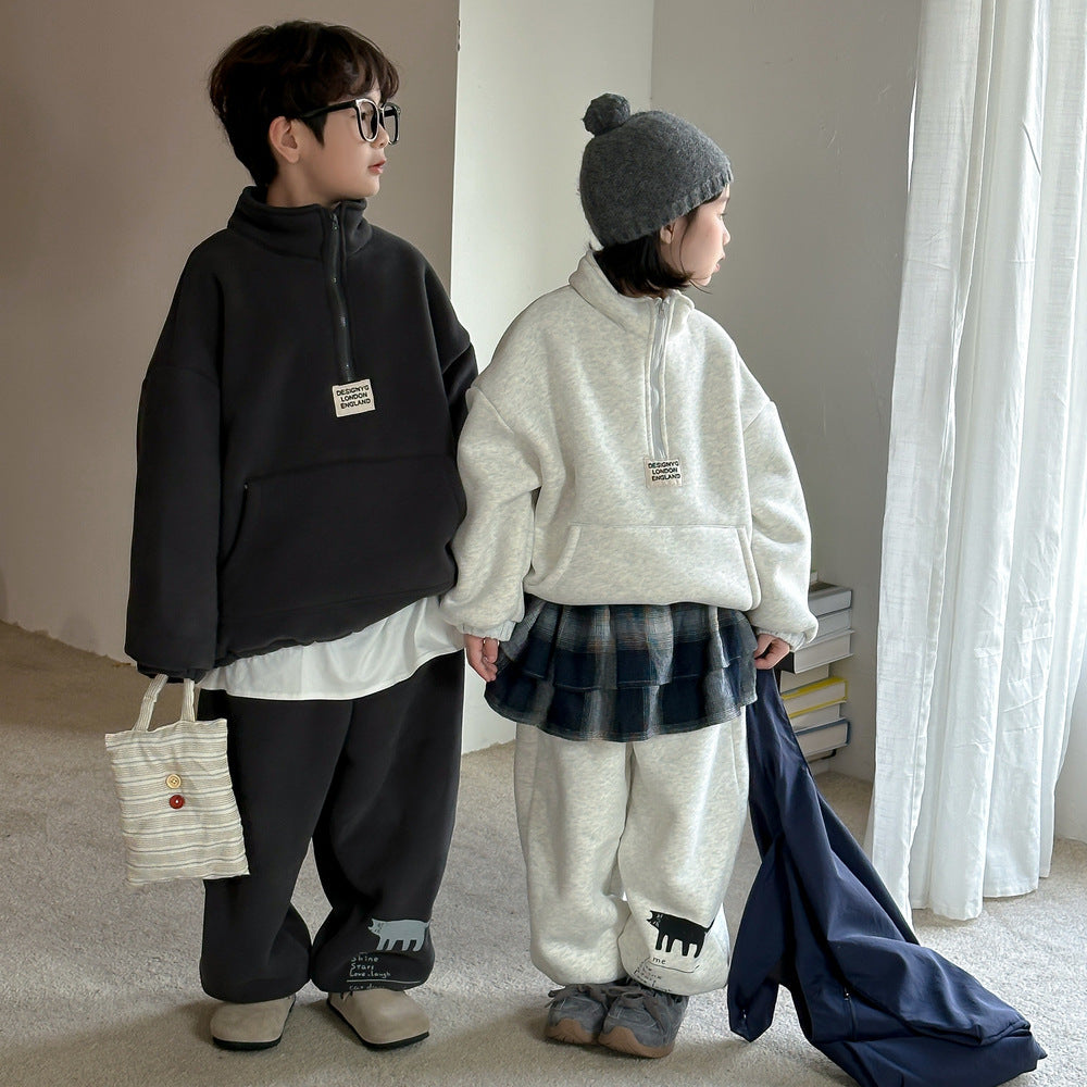 Winter Clothes For Boys And Girls Korean-style Labeling Half Zipper Two-piece Set