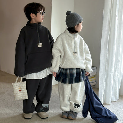 Winter Clothes For Boys And Girls Korean-style Labeling Half Zipper Two-piece Set