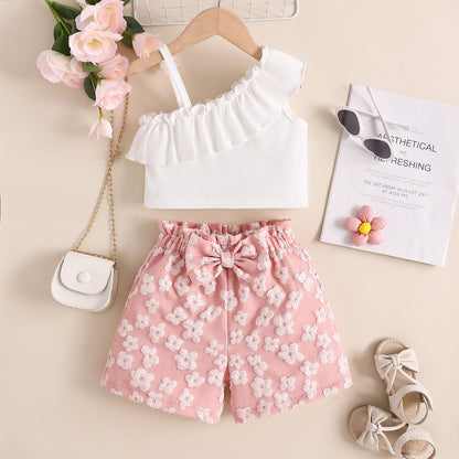 Women's Summer Oblique Shoulder Tops Flower Shorts Suit