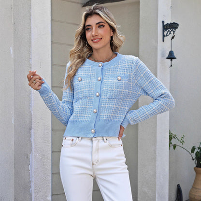 Female Classic Style Temperament Coat Pearl Buckle Fashion Sweater Female