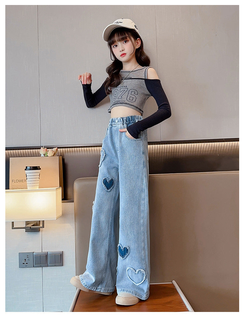 Girls' Love Raw Edge Denim Wide-leg Pants (Available)
