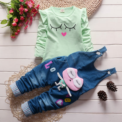 Baby Children's Denim Overalls Pullover Cotton Spring Autumn Long Sleeves T-shirt Pants