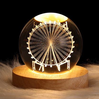 3D Galaxy Crystal Ball Night Light with USB wooden LED base featuring Moon, Saturn, Solar System, and Nebula designs for bedroom décor