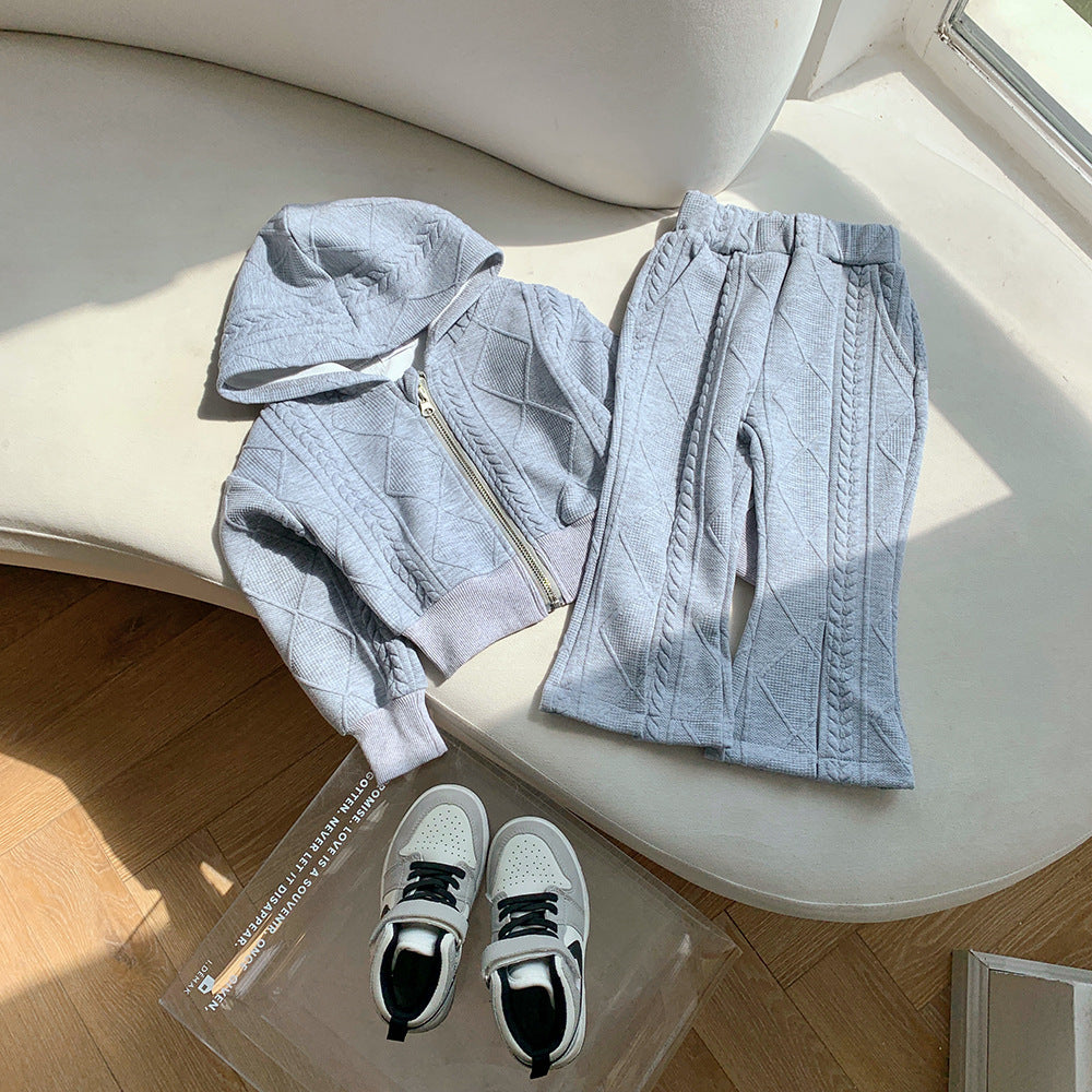 Children's Korean-style Short Knitted Long-sleeved Shirt Split Flared Pants Two-piece Set (Available)