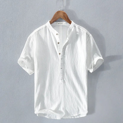 Loose Oversized Cotton Linen Short-sleeved Men's T-shirt Collar Buckled Half-open Shirt Korean Fashion Men Clothing 2020 New(Available)