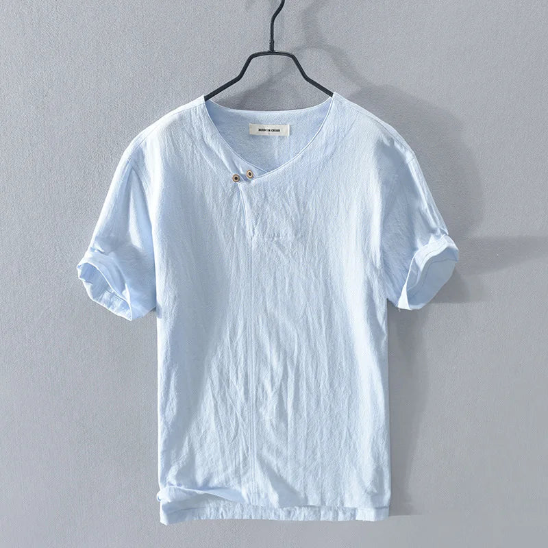 Loose Oversized Cotton Linen Short-sleeved Men's T-shirt Collar Buckled Half-open Shirt Korean Fashion Men Clothing 2020 New(Available)