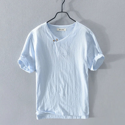 Loose Oversized Cotton Linen Short-sleeved Men's T-shirt Collar Buckled Half-open Shirt Korean Fashion Men Clothing 2020 New(Available)