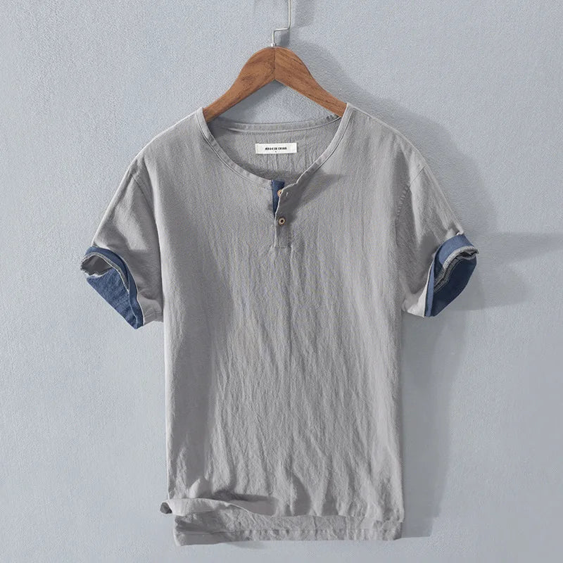 Loose Oversized Cotton Linen Short-sleeved Men's T-shirt Collar Buckled Half-open Shirt Korean Fashion Men Clothing 2020 New(Available)