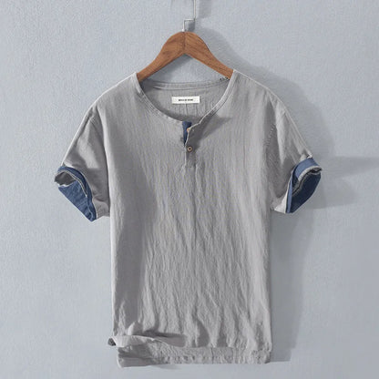 Loose Oversized Cotton Linen Short-sleeved Men's T-shirt Collar Buckled Half-open Shirt Korean Fashion Men Clothing 2020 New(Available)