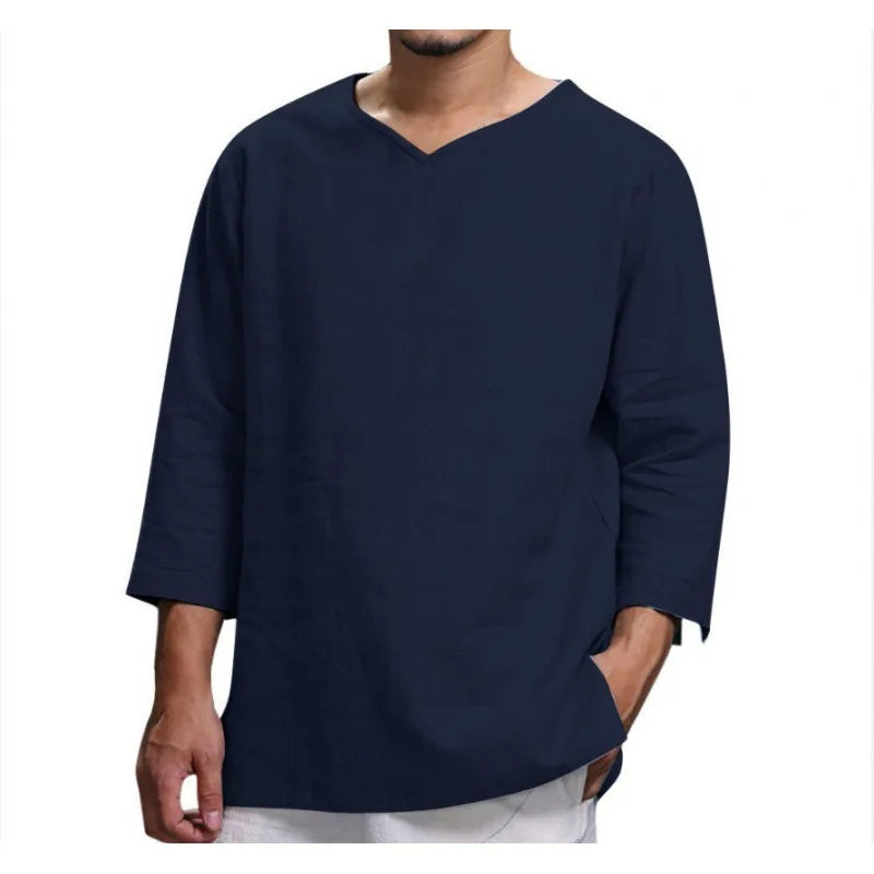 Loose Oversized Cotton Linen Short-sleeved Men's T-shirt Collar Buckled Half-open Shirt Korean Fashion Men Clothing 2020 New(Available)