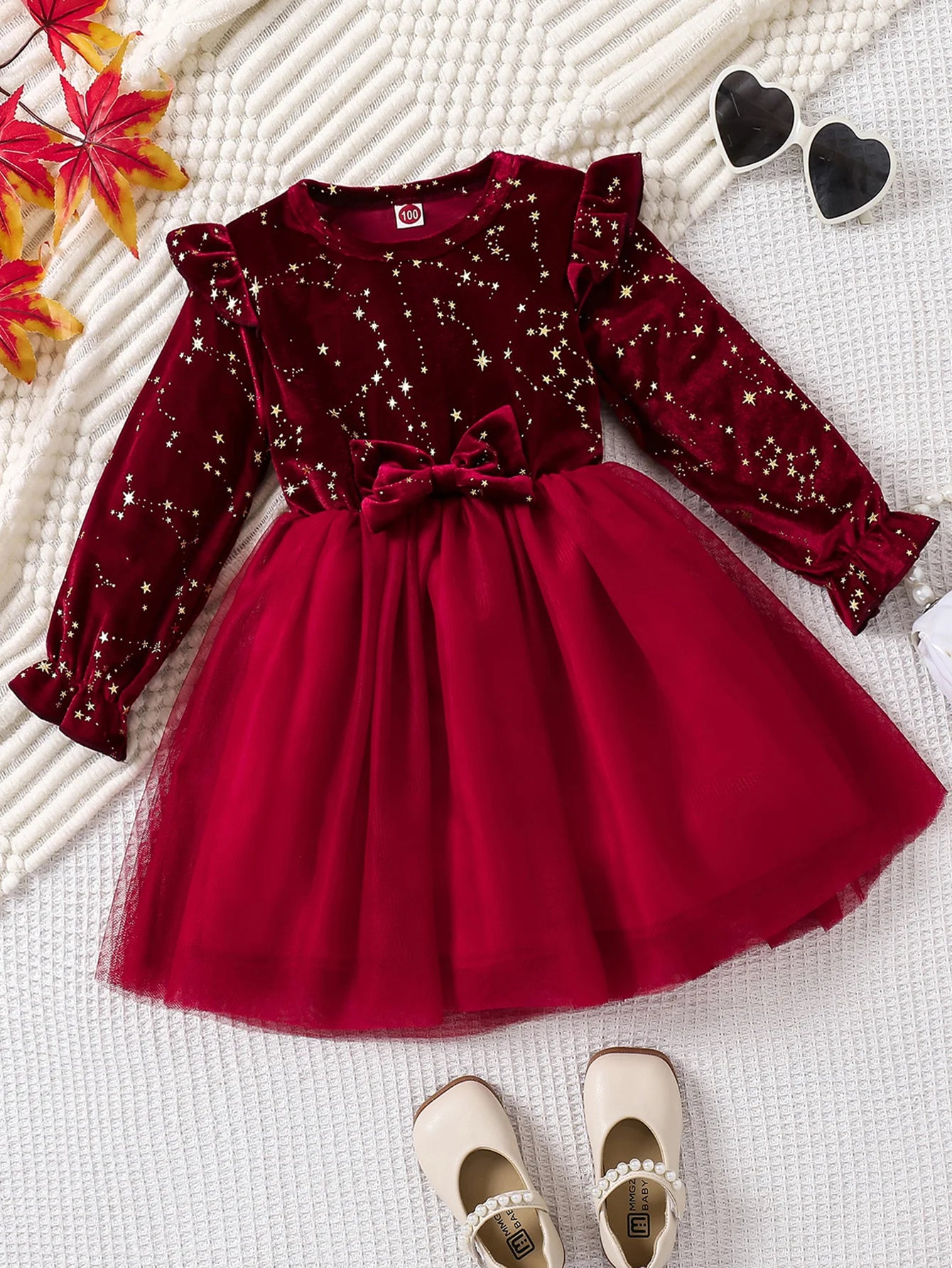 Toddler Girl Party Dress Autumn Winter 1-8 Years Children Christmas And New Year Princess Dress Red Velvet Gown Stars Mesh Dress