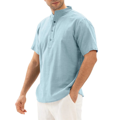 Loose Oversized Cotton Linen Short-sleeved Men's T-shirt Collar Buckled Half-open Shirt Korean Fashion Men Clothing 2020 New(Available)