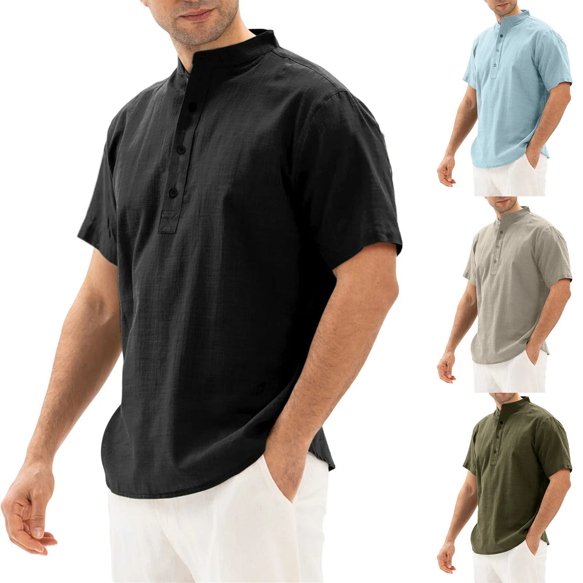 Loose Oversized Cotton Linen Short-sleeved Men's T-shirt Collar Buckled Half-open Shirt Korean Fashion Men Clothing 2020 New(Available)