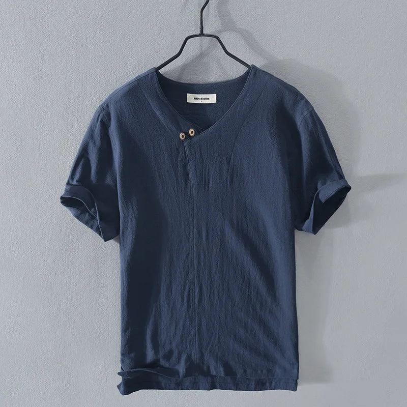 Loose Oversized Cotton Linen Short-sleeved Men's T-shirt Collar Buckled Half-open Shirt Korean Fashion Men Clothing 2020 New(Available)