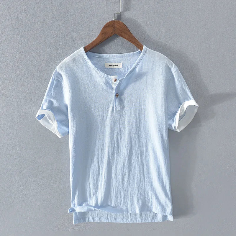 Loose Oversized Cotton Linen Short-sleeved Men's T-shirt Collar Buckled Half-open Shirt Korean Fashion Men Clothing 2020 New(Available)