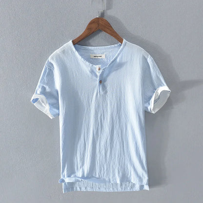 Loose Oversized Cotton Linen Short-sleeved Men's T-shirt Collar Buckled Half-open Shirt Korean Fashion Men Clothing 2020 New(Available)