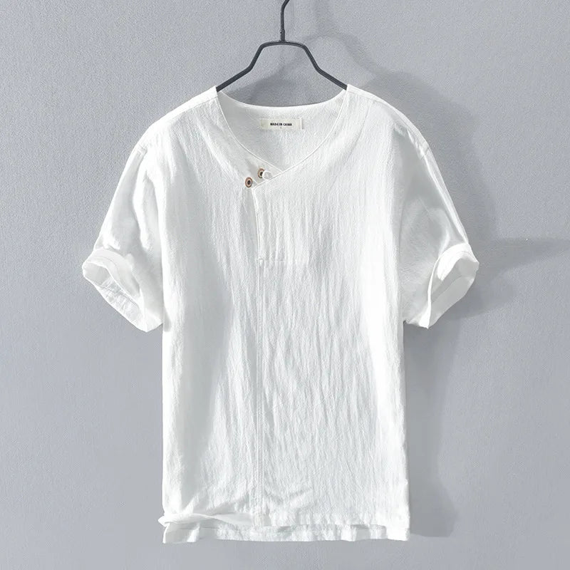 Loose Oversized Cotton Linen Short-sleeved Men's T-shirt Collar Buckled Half-open Shirt Korean Fashion Men Clothing 2020 New(Available)