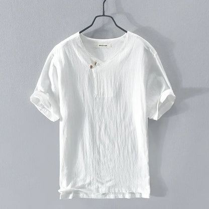 Loose Oversized Cotton Linen Short-sleeved Men's T-shirt Collar Buckled Half-open Shirt Korean Fashion Men Clothing 2020 New(Available)