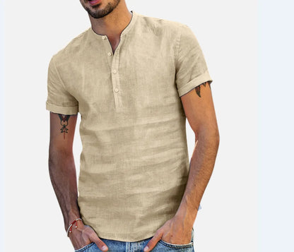 Loose Oversized Cotton Linen Short-sleeved Men's T-shirt Collar Buckled Half-open Shirt Korean Fashion Men Clothing 2020 New(Available)