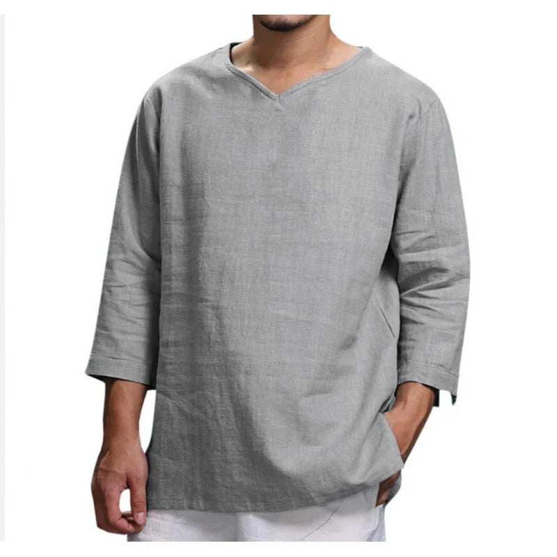 Loose Oversized Cotton Linen Short-sleeved Men's T-shirt Collar Buckled Half-open Shirt Korean Fashion Men Clothing 2020 New(Available)