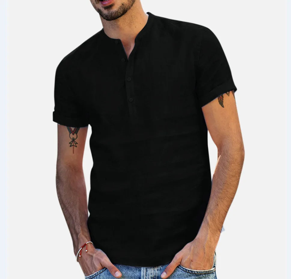 Loose Oversized Cotton Linen Short-sleeved Men's T-shirt Collar Buckled Half-open Shirt Korean Fashion Men Clothing 2020 New(Available)