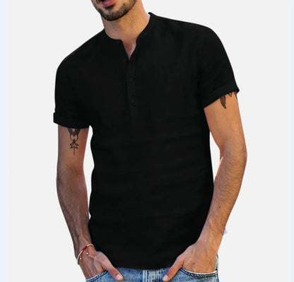 Loose Oversized Cotton Linen Short-sleeved Men's T-shirt Collar Buckled Half-open Shirt Korean Fashion Men Clothing 2020 New(Available)