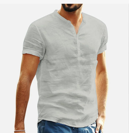 Loose Oversized Cotton Linen Short-sleeved Men's T-shirt Collar Buckled Half-open Shirt Korean Fashion Men Clothing 2020 New(Available)