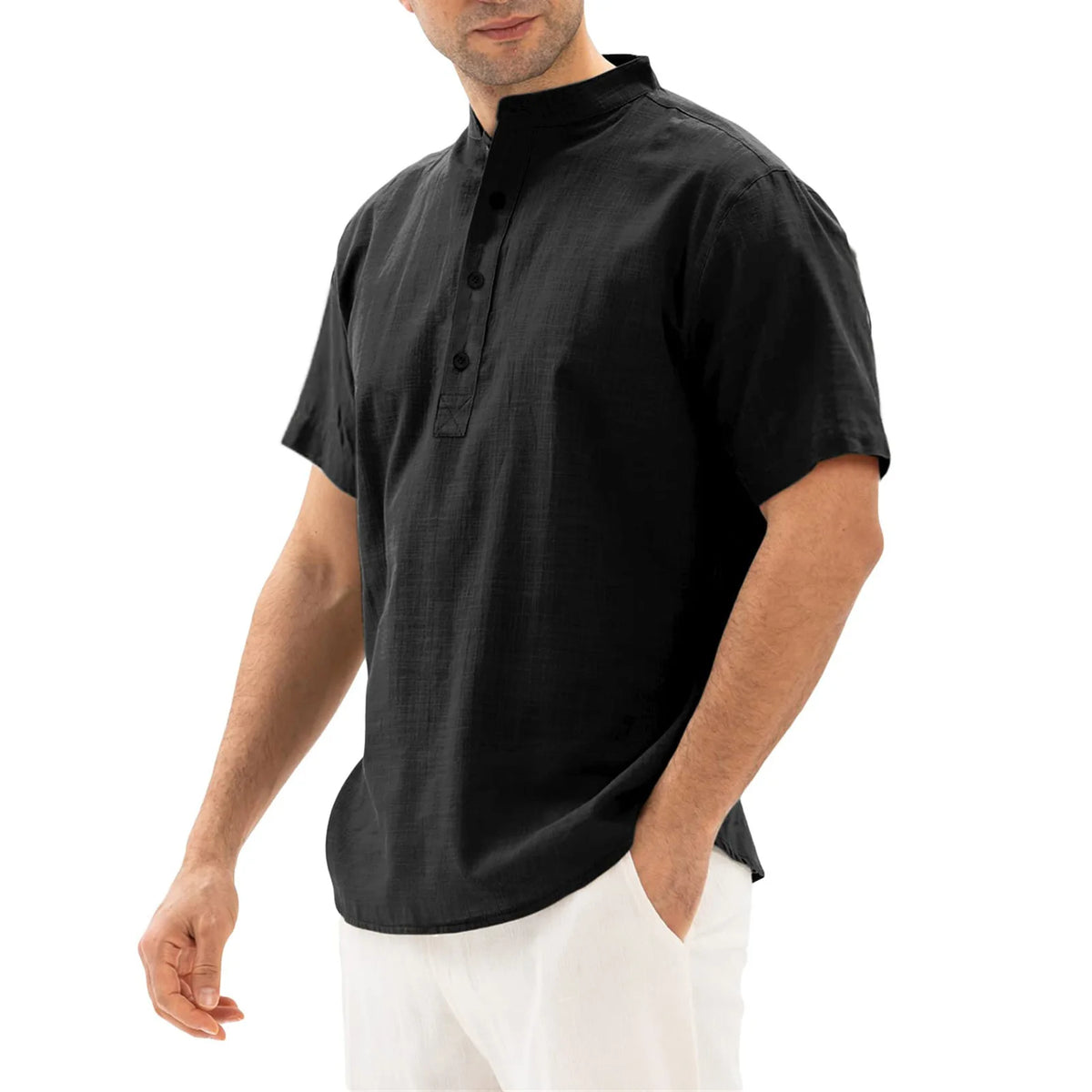 Loose Oversized Cotton Linen Short-sleeved Men's T-shirt Collar Buckled Half-open Shirt Korean Fashion Men Clothing 2020 New(Available)