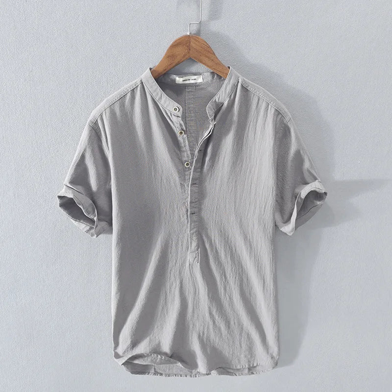 Loose Oversized Cotton Linen Short-sleeved Men's T-shirt Collar Buckled Half-open Shirt Korean Fashion Men Clothing 2020 New(Available)