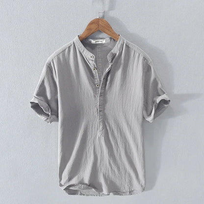 Loose Oversized Cotton Linen Short-sleeved Men's T-shirt Collar Buckled Half-open Shirt Korean Fashion Men Clothing 2020 New(Available)