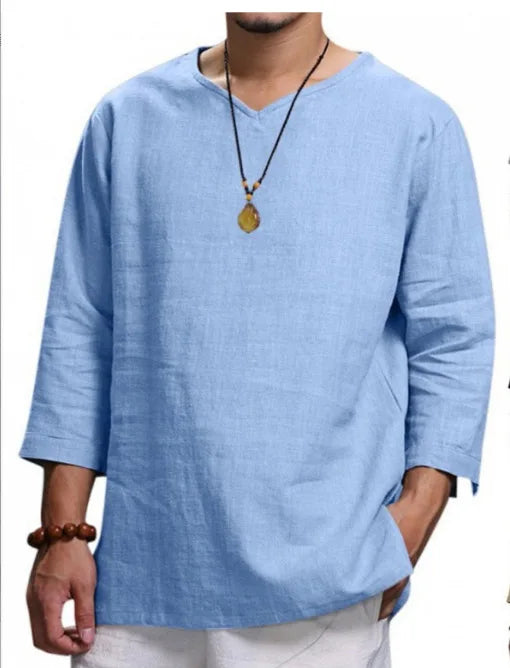 Loose Oversized Cotton Linen Short-sleeved Men's T-shirt Collar Buckled Half-open Shirt Korean Fashion Men Clothing 2020 New(Available)