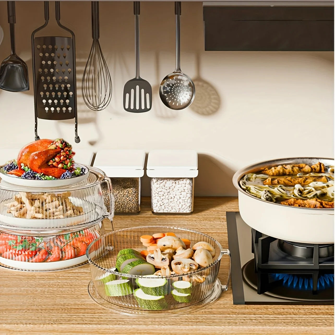 Household Food Insulation Cover Thermal Microwave Oven Cover Kitchen Tabletop Dust Proof Stackable Vegetable and Fruit Platter