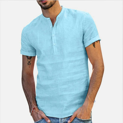 Loose Oversized Cotton Linen Short-sleeved Men's T-shirt Collar Buckled Half-open Shirt Korean Fashion Men Clothing 2020 New(Available)